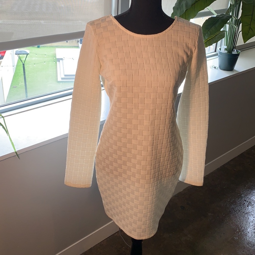 Topshop white textured long sleeve open back dress